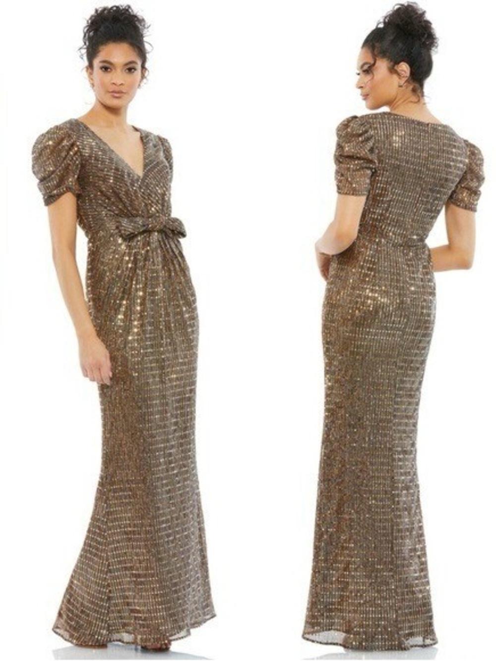 NWT Ieena for Mac Duggal 26661 Puff Sleeve Sequins  Brown Gold Dress Gown Size 6